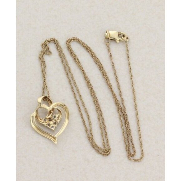 10k Yellow Gold Diamond Heart Necklace 19" Chain - Picture 7 of 7